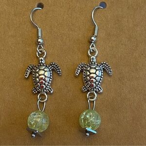Hand Crafted Silver and Green Turtle Beaded Dangle Earrings